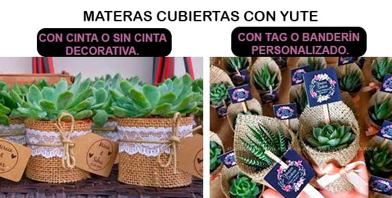 Recordatorios con materas cubiertas con yute. Recordatorios Bogotá Neea Flora